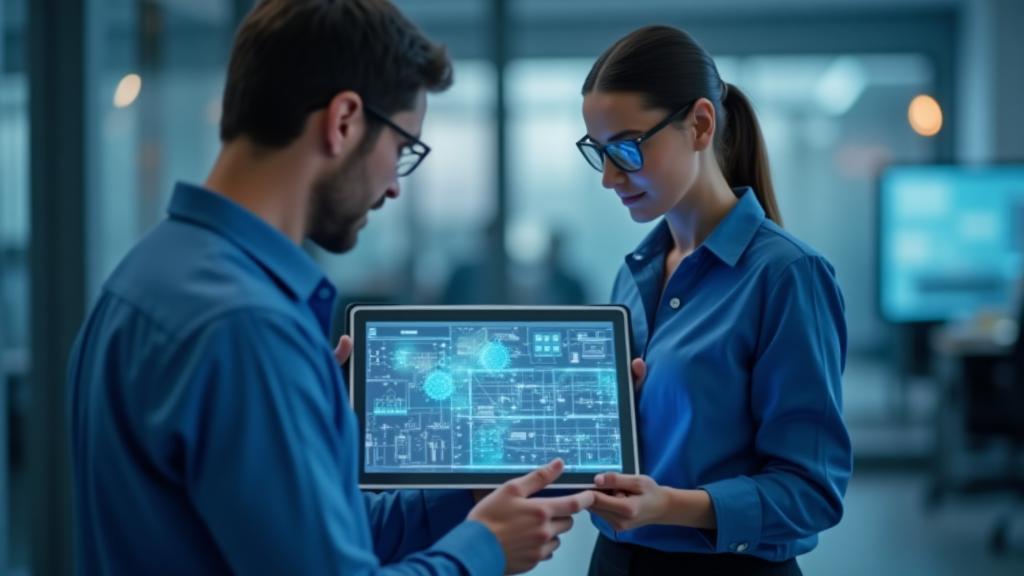 Zwei Telekommunikationsingenieure besprechen Netzwerkpläne auf einem Tablet, was Zusammenarbeit und Fachwissen demonstriert.