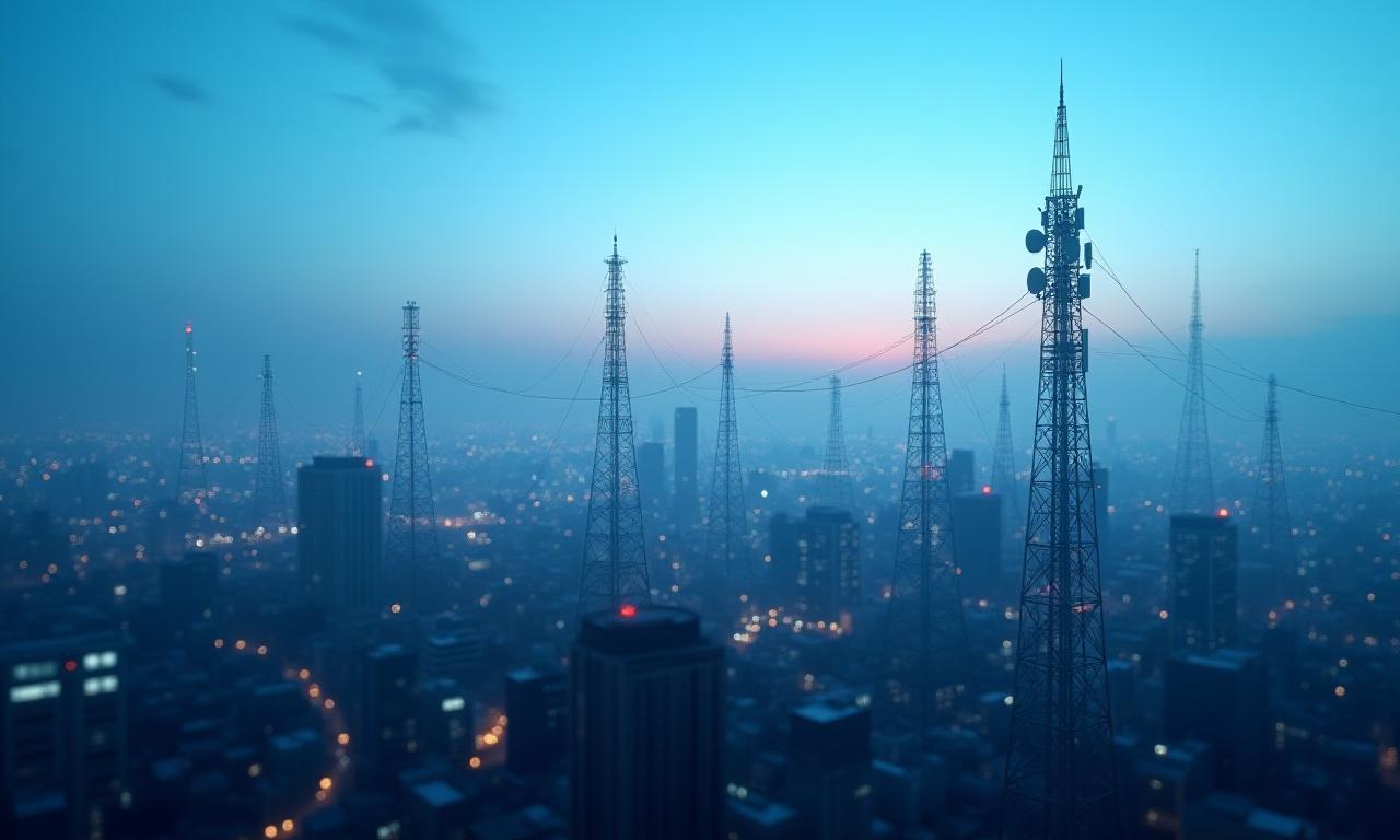 Eine moderne Stadtlandschaft mit markanten Funktürmen, die fortschrittliche Netzwerkinfrastruktur symbolisieren.