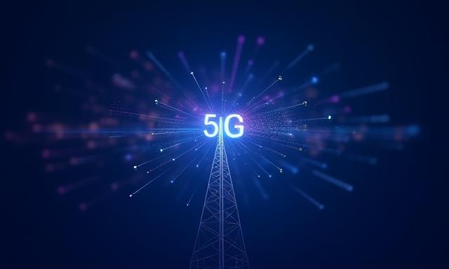 Abstrakte Darstellung von 5G-Signalen, die von einem Mobilfunkmast ausgehen und Zukunftstechnologie symbolisieren.