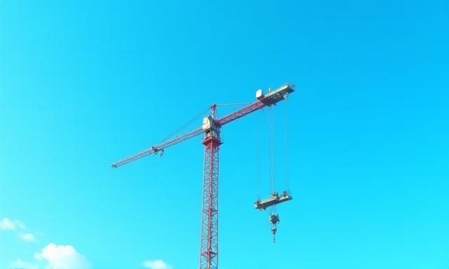 Ein großer Baukran hebt einen Abschnitt eines Kommunikationsturms vor blauem Himmel an.